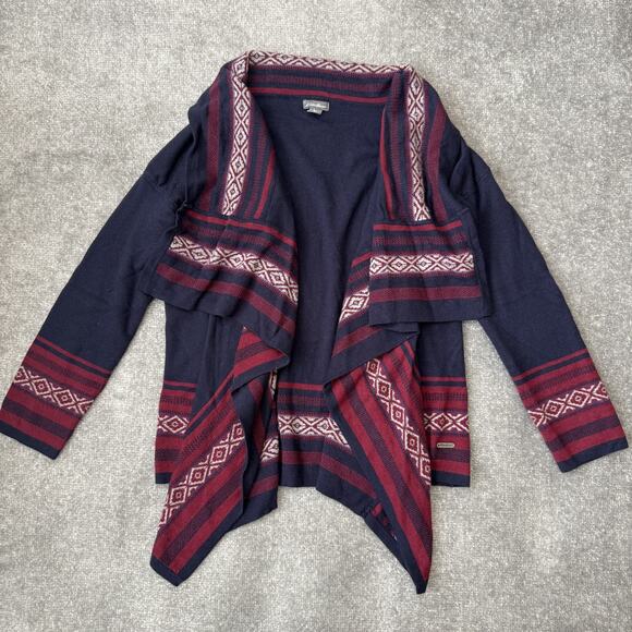 Eddie Bauer Sweaters - Eddie Bauer Sweater Womens Small Navy Red Open Front Cardigan Aztec Wool Blend